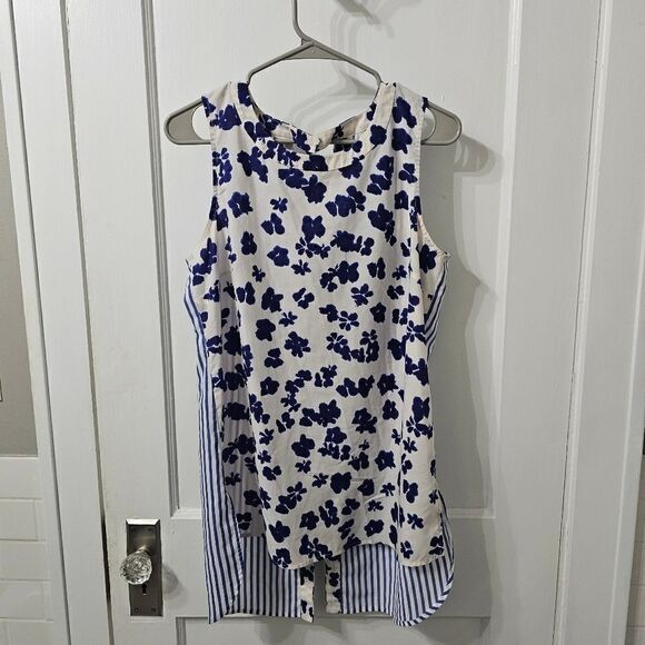 Cabi Hi Low Top Tunic M Striped Floral Blouse Blue White Tank Slit Back #5357 - Picture 6 of 7
